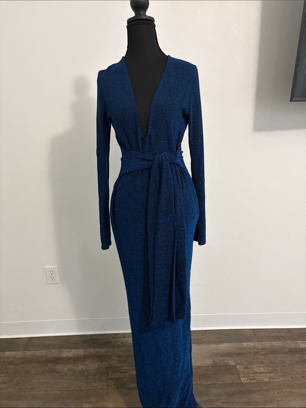 Fashion Nova Sparkling Navy Blue Long Sleeve V-Neck Gown with Waist Tie